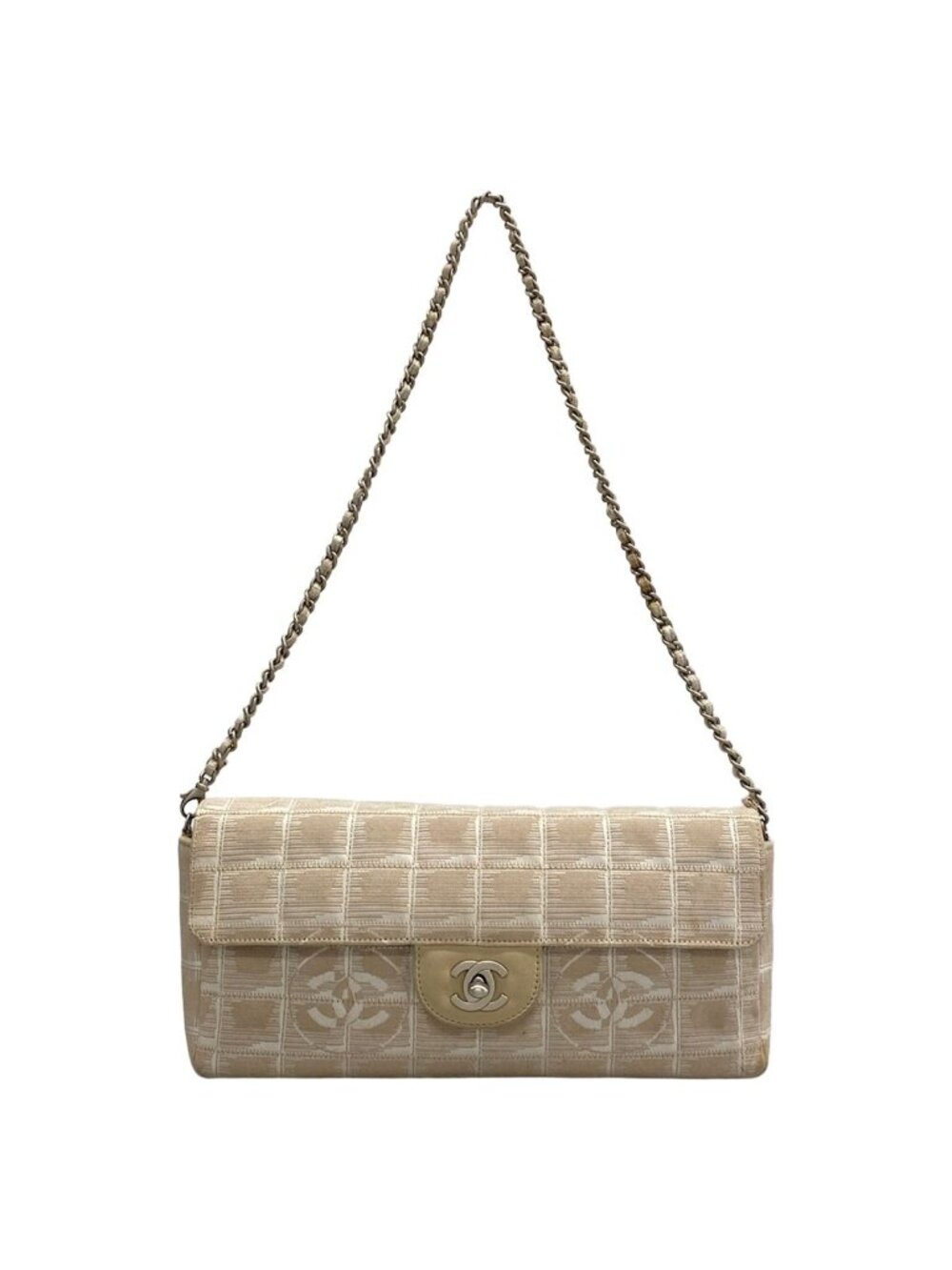Chanel Shoulder Bag New Travel Line Beige White Chain Matte Silver Flap Leather